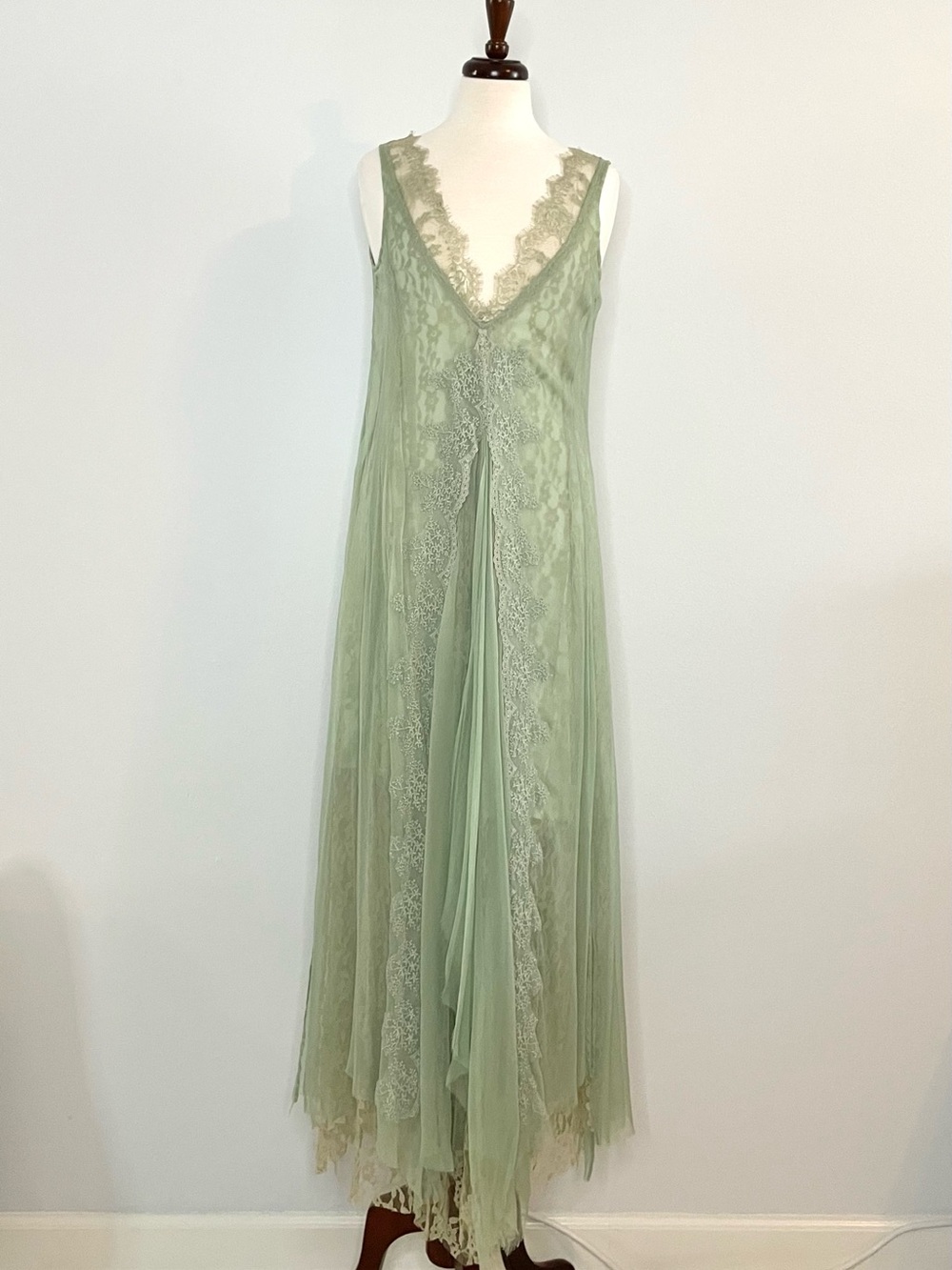 Sage Lace-Trim Mesh Bridal Slip Dress, Small